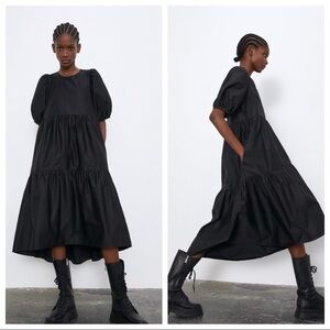 Zara Black Midi Puff Sleeve Dress
